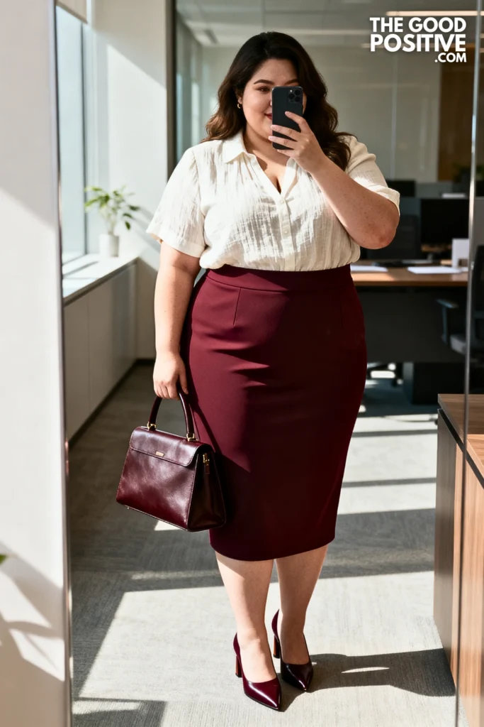 Plus Size Scuba Fabric Pencil Skirt With Boxy Linen Blouse Outfit