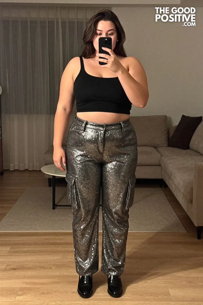 Plus Size Sculpted One-Shoulder Top With Sequin Cargo Pants Outfit