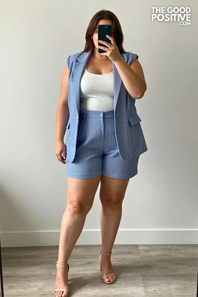 Plus Size Seersucker Blazer and Tailored Shorts Suit Outfit