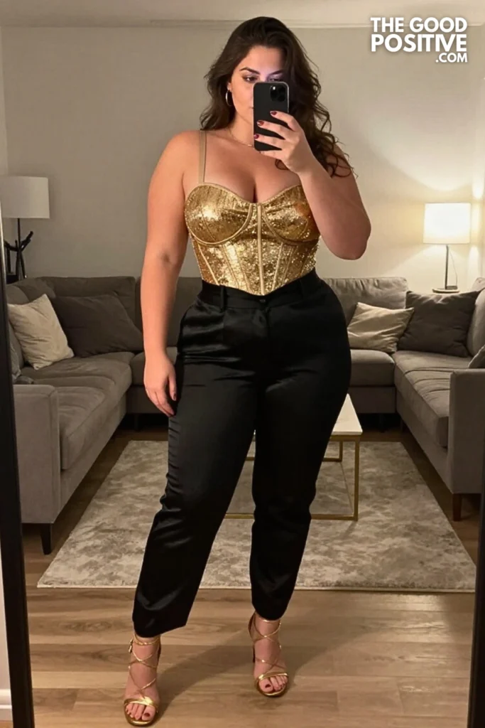Plus Size Sequin Corset Top With Wide-Leg Trousers Outfit