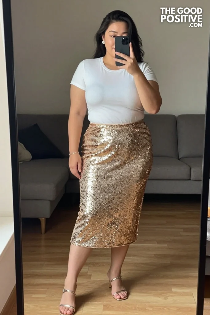 Plus Size Sequin Midi Skirt With Simple Fitted Tee Outfit