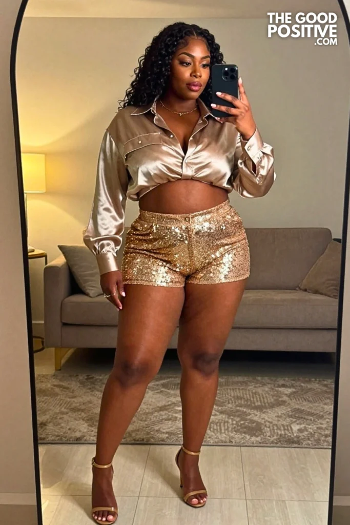 Plus Size Sequin Shorts With Oversized Satin Shirt Outfit