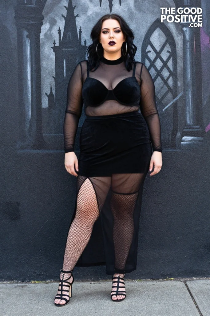 Plus Size Sheer Black Mesh Maxi Dress With Velvet Bodysuit Outfit
