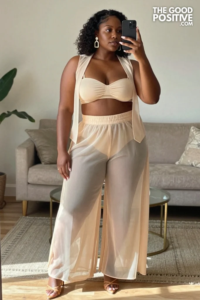 Plus Size Sheer Overlay Trousers With Matching Bandeau and Longline Vest Outfit