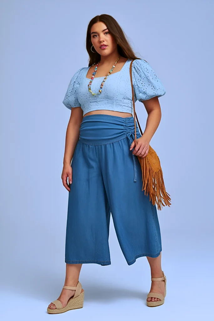 Plus Size Side-Tie Chambray Culotte Summer Outfits