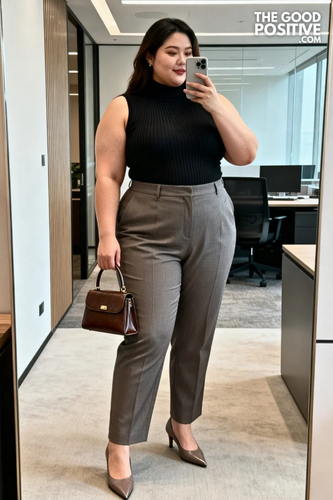Plus Size Sleeveless Turtleneck Bodysuit With High-Waist Tailored Trousers Outfit