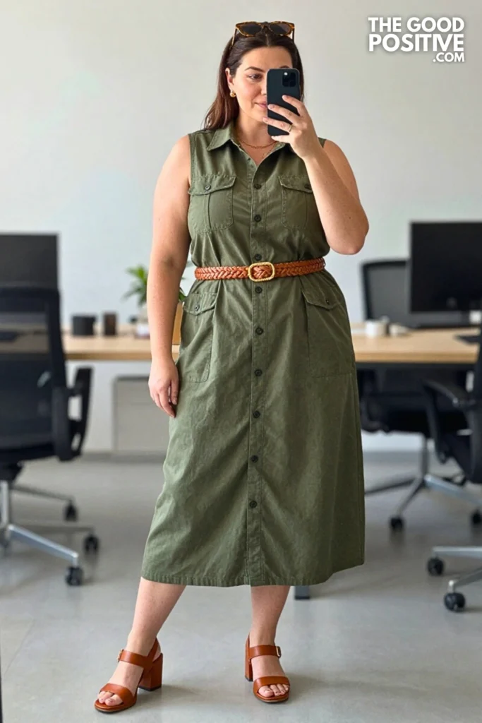 Plus Size Sleeveless Utility Shirt Dress With Woven Belt Outfit
