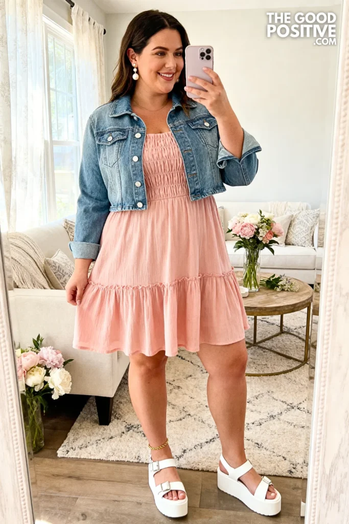 Plus Size Smocked Babydoll Sundress With Denim Jacket Outfit