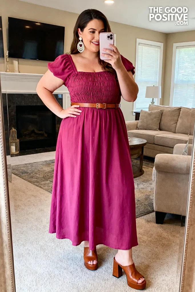 Plus Size Smocked Bodice Maxi Dress With Block Heel Mules Outfit