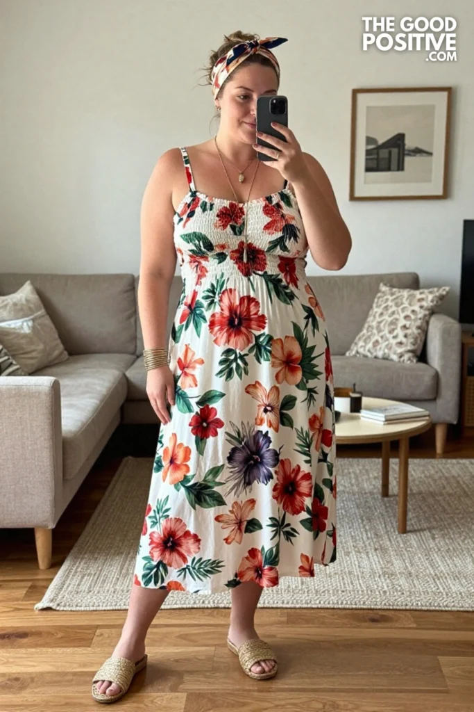 Plus Size Smocked Bodice Maxi Dress With Bold Tropical Print Outfit