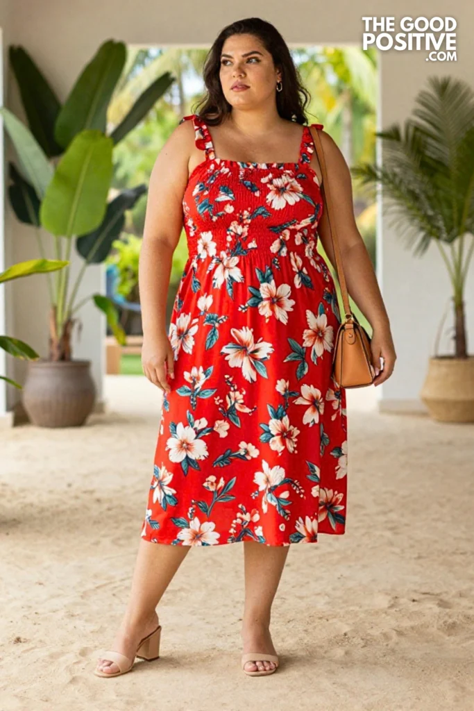 Plus Size Smocked Bodice Sundress With Block Heel Mules Outfit