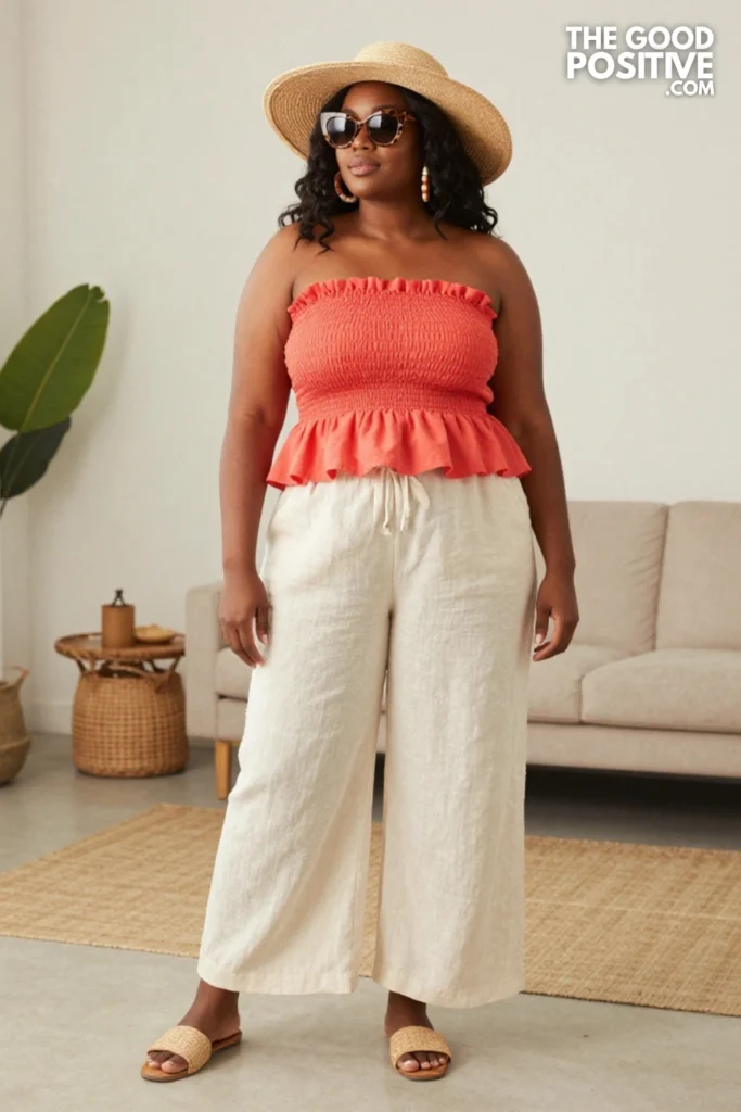 Plus Size Smocked Tube Top With Linen Palazzo Pants Outfit