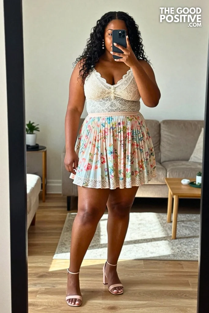 Plus Size Soft Floral Printed Pleated Mini Skirt With Fitted Lace Top Outfit