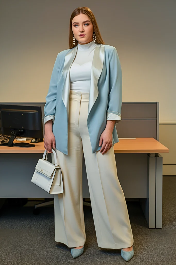 Plus Size Soft Periwinkle Layered Blazer Work Ensemble
