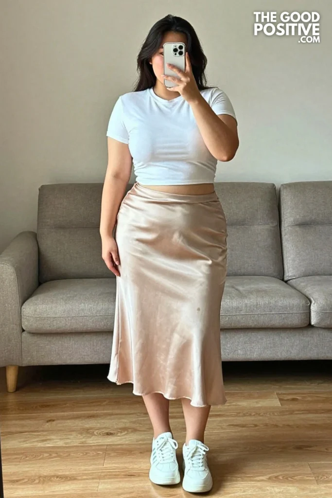 Plus Size Spaghetti Strap Satin Slip-Style Midi Skirt and Fitted Tee Outfit