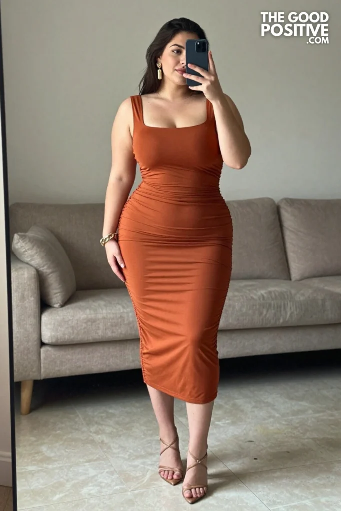 Plus Size Square-Neck Bodycon Midi Dress With Ruched Side Detail Outfit