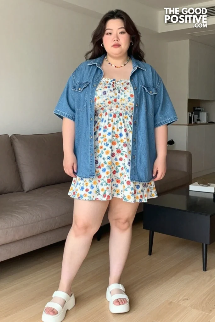 Plus Size Square-Neck Smocked Mini Dress With Denim Overshirt Outfit