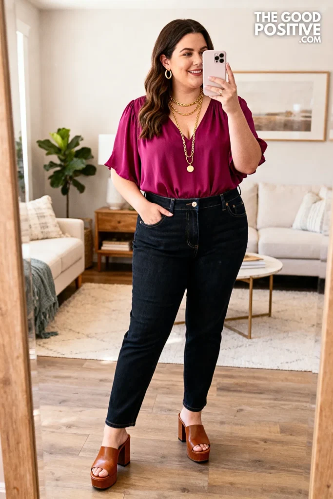 Plus Size Straight-Leg Dark Wash Jeans With Flowy Chiffon Blouse Outfit