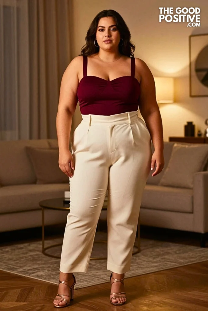 Plus Size Strapless Bandeau Crop Top With Tailored Paperbag Trousers Outfit