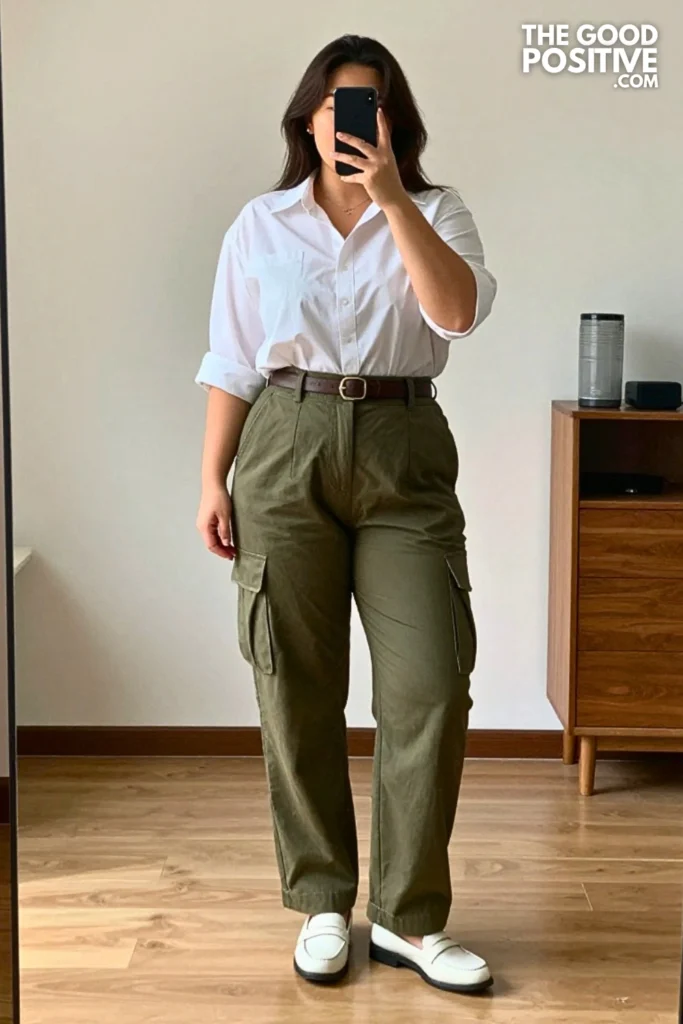 Plus Size Stretch Cotton Cargo Trousers and Relaxed Collared Shirt Outfit