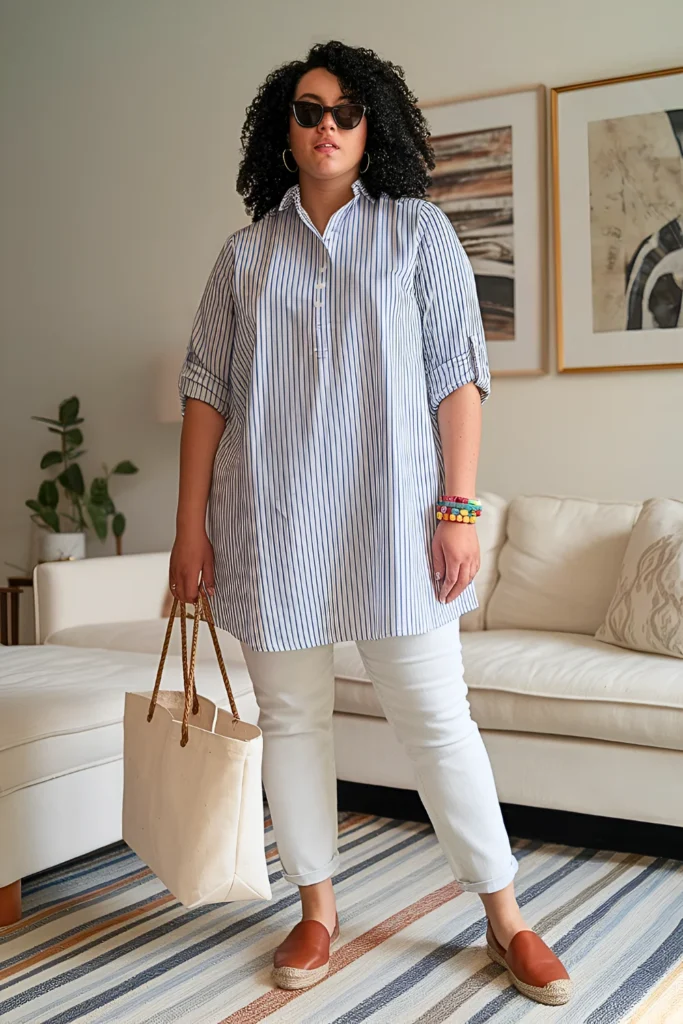 Plus Size Striped Cotton Popover Summer Outfit