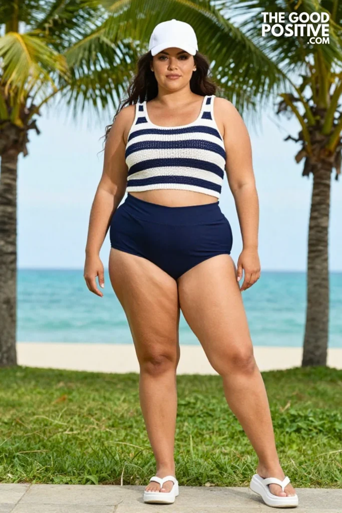 Plus Size Striped Knit Crop Top With High-Waist Swim Shorts Outfit