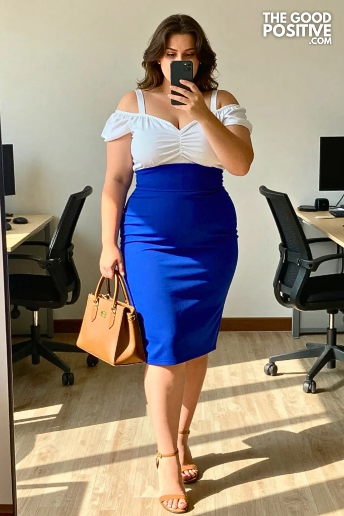 Plus Size Structured Scuba Fabric Pencil Skirt and Off-Shoulder Top Outfit