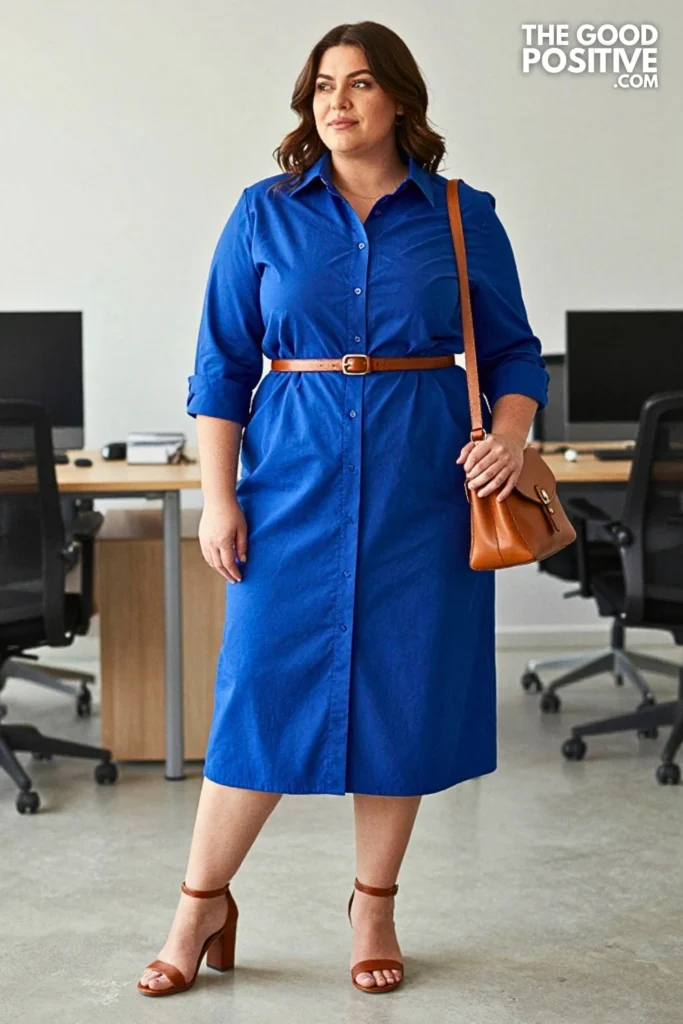 Plus Size Structured Shirt Dress With Thin Waist Belt Outfit