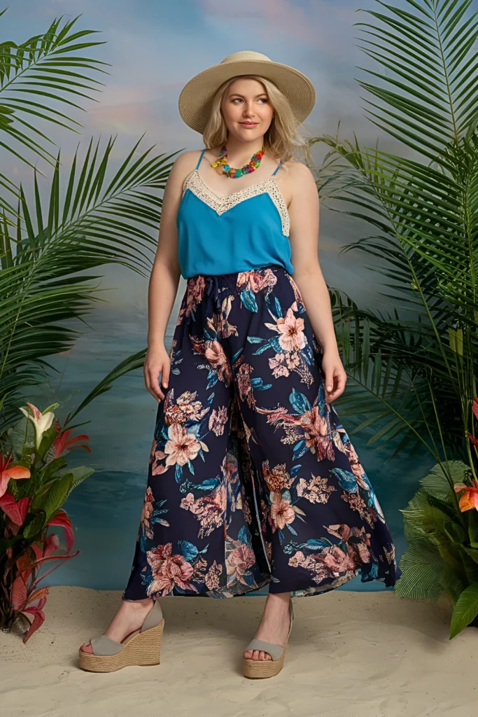 Plus Size Summer Gaucho Pants With Crochet-Trim Camisole Holiday Outfit