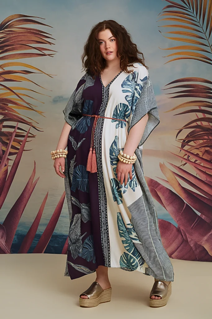 Plus Size Summer Mixed Print Caftan With Tassel Belt Holiday Outfit