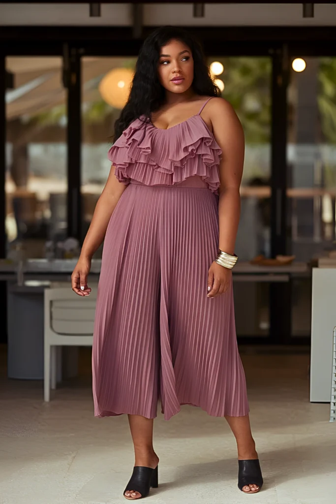 Plus Size Summer Pleated Culotte Jumpsuit With Cascading Ruffles Holiday Outfit