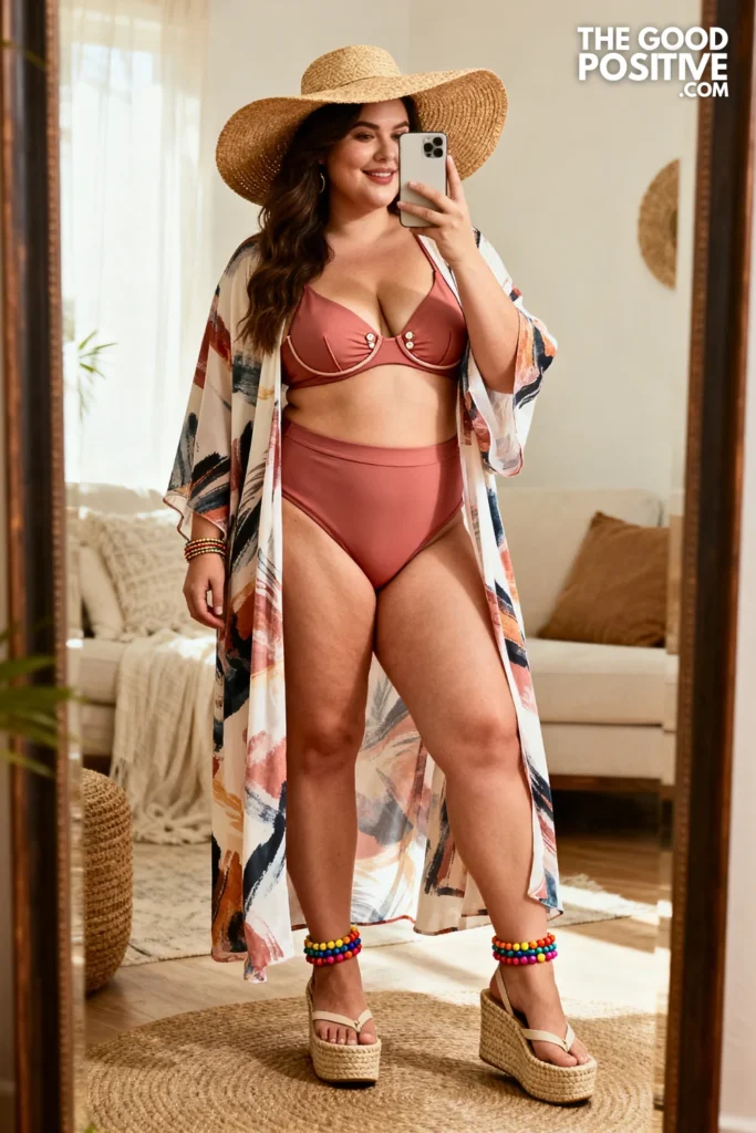 Plus Size Swim Cover-Up Kimono With High-Waist Bikini Bottom Vacation Outfit