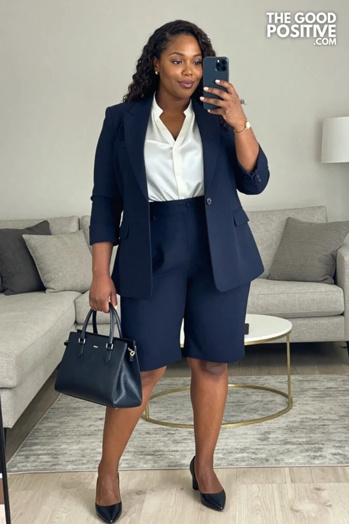 Plus Size Tailored Bermuda Shorts With Blazer Outfit For Work