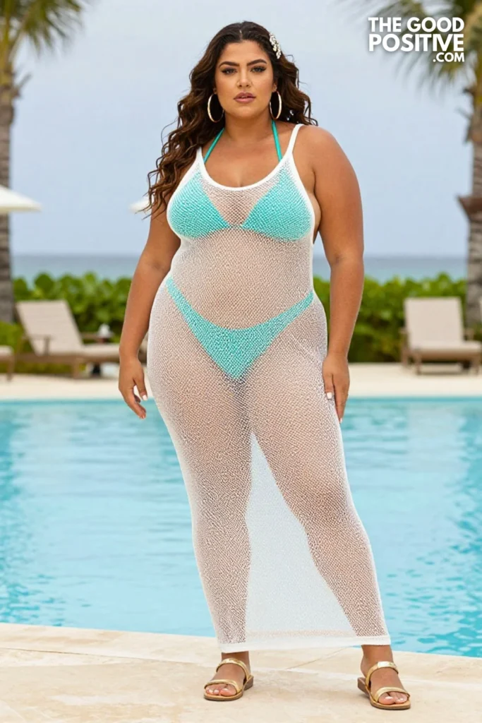 Plus Size Teal Halter-Neck Monokini With Sheer Mesh Beach Dress Outfit