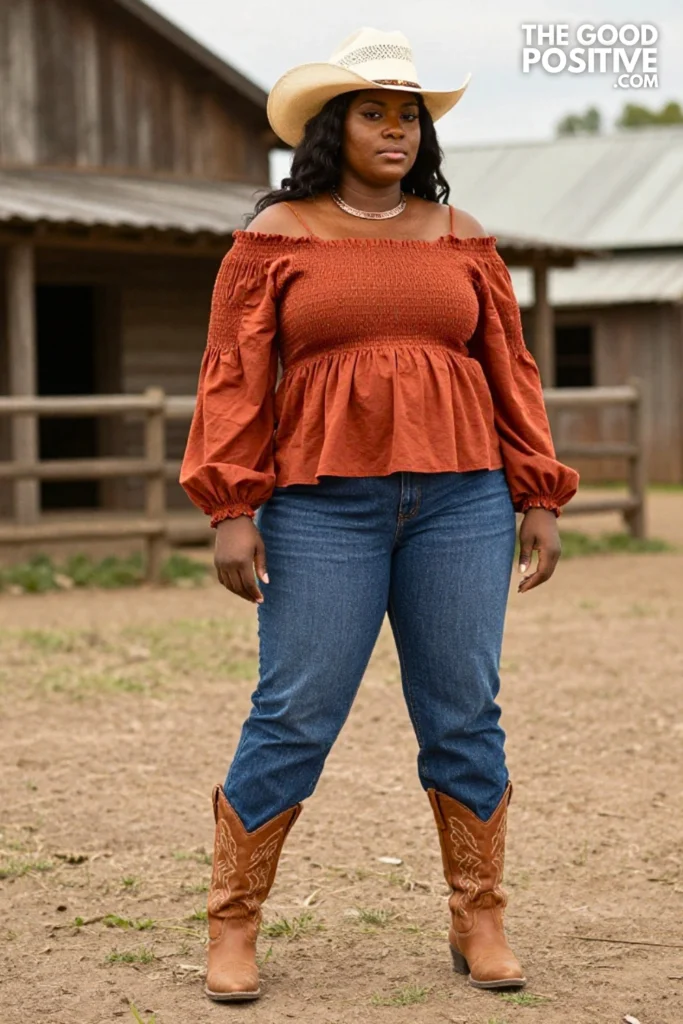 Plus Size Terracotta Smocked Off-Shoulder Top & Barrel-Leg Jeans Western Casual Outfit