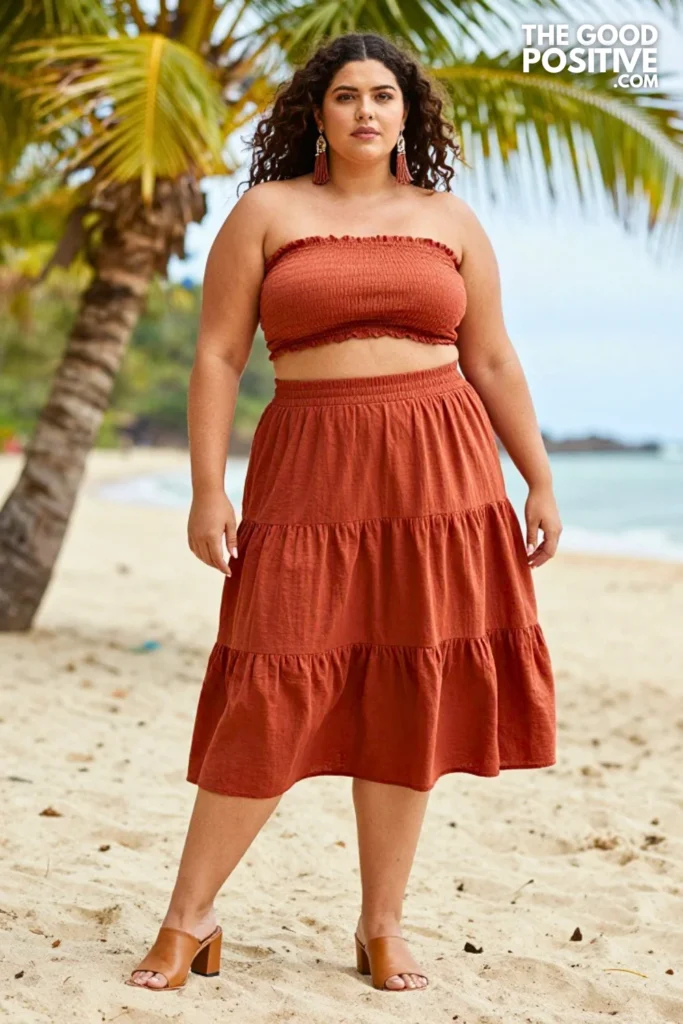 Plus Size Terracotta Smocked Tube Top With Tiered Midi Skirt Outfit