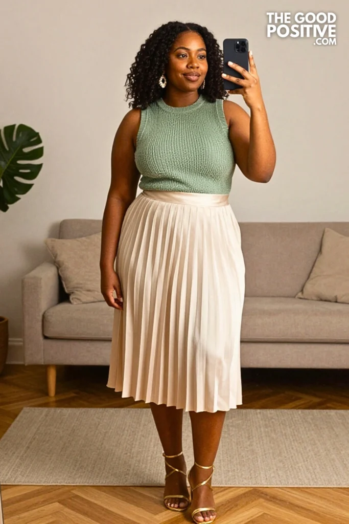 Plus Size Textured Knit Sleeveless Top and Pleated Midi Skirt Outfit