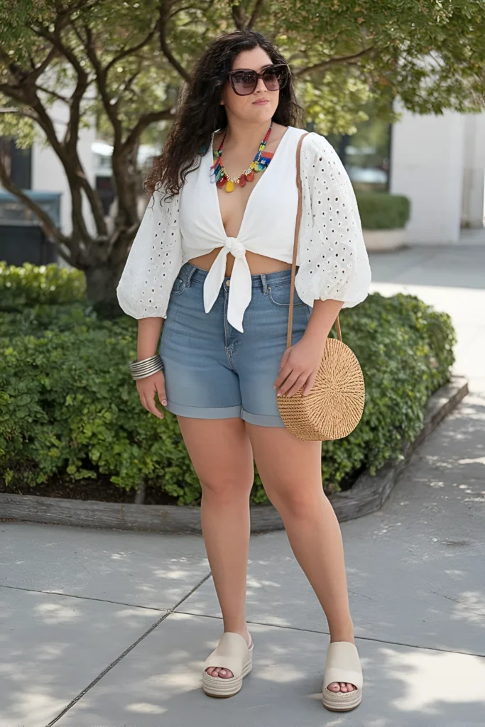 Plus Size Tie-Front Cotton Blouse and Denim Summer Outfit