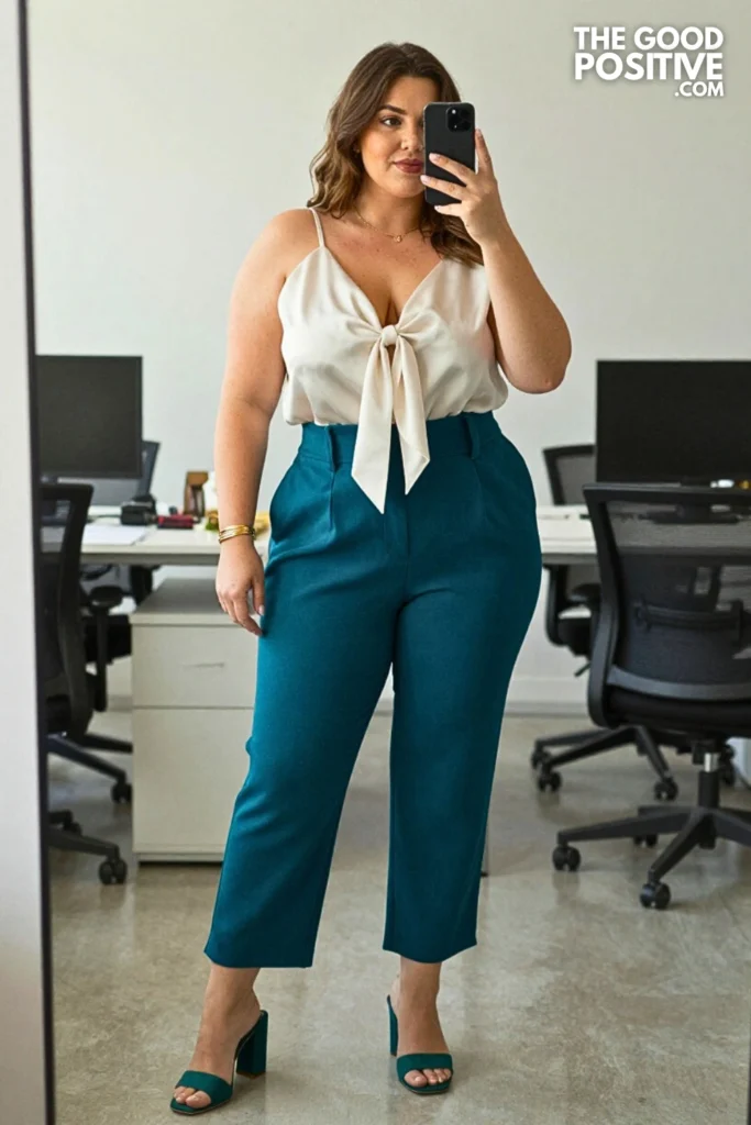 Plus Size Tie-Neck Blouse With High-Waist Culotte Trousers Outfit