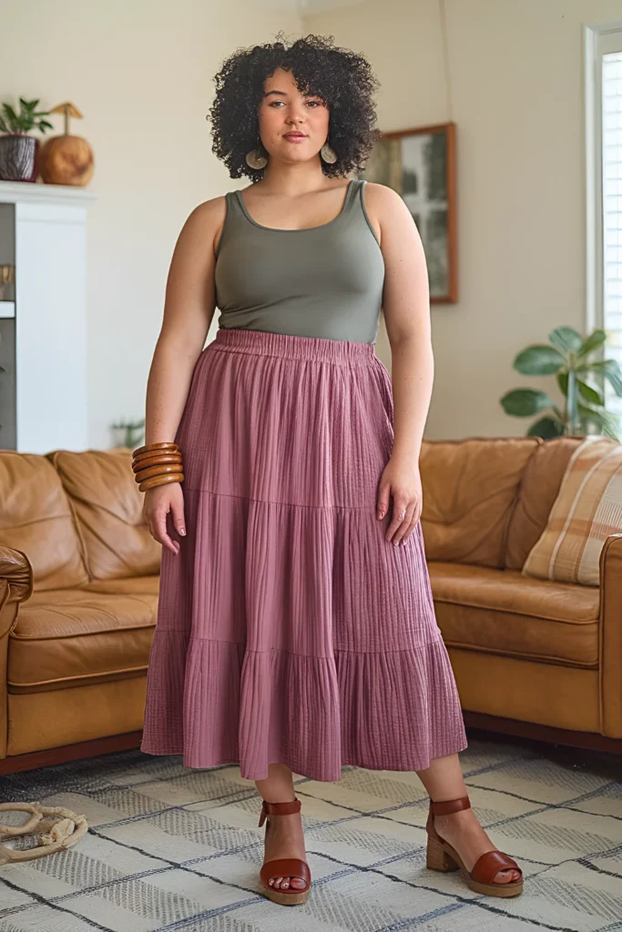 Plus Size Tiered Cotton Gauze Midi Skirt Summer Outfit