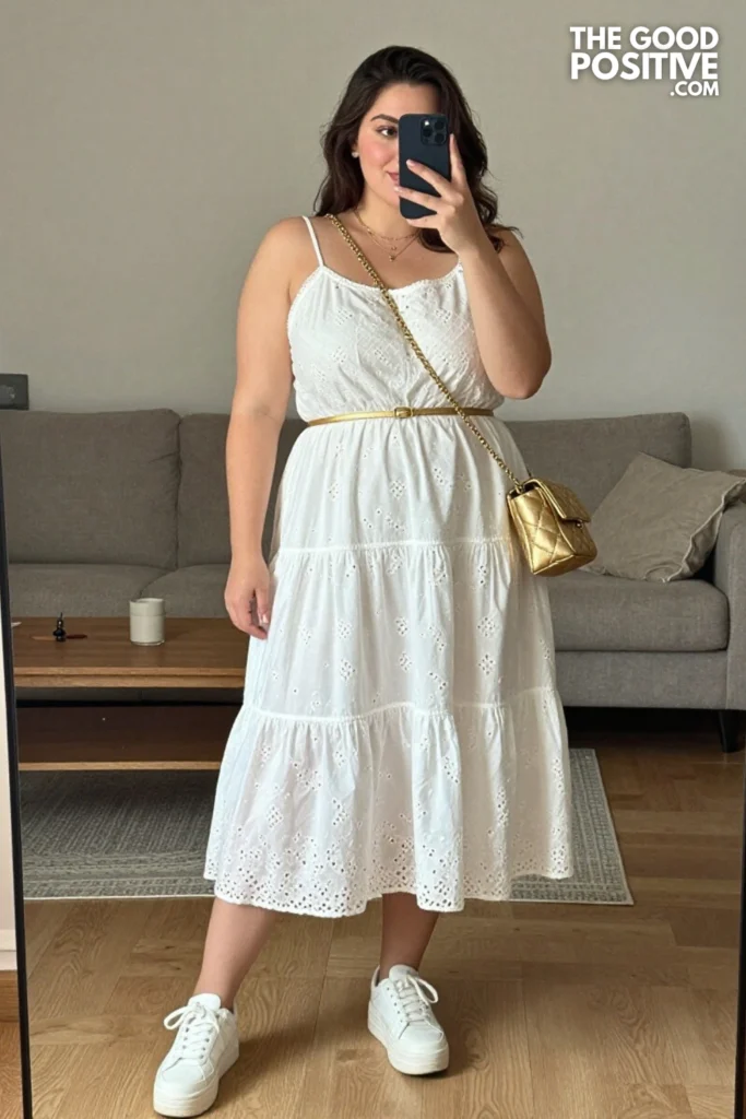 Plus Size Tiered Eyelet Cotton Dress With Sneakers Casual Outfit