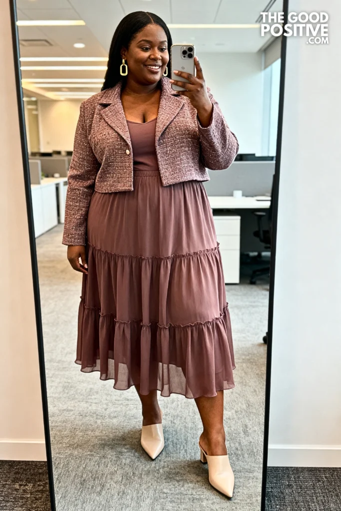 Plus Size Tiered Georgette Midi Skirt With Structured Crop Jacket Outfit