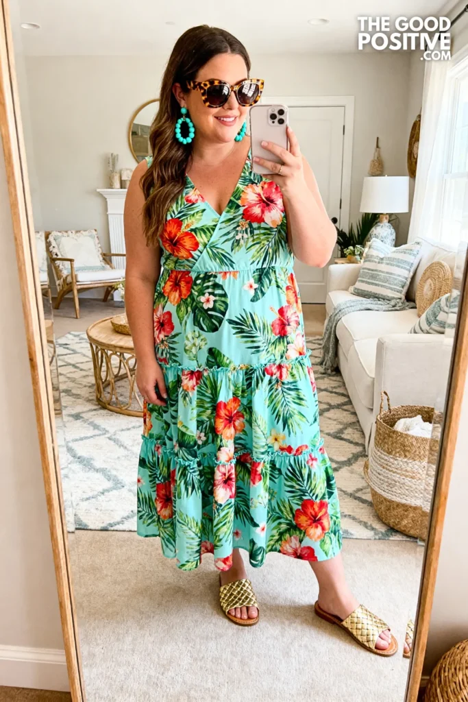 Plus Size Tiered Maxi Dress With Tropical Floral Print Outfit