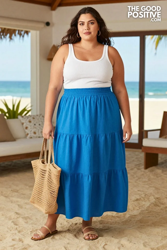 Plus Size Tiered Maxi Skirt With Fitted Ribbed Tank Top Outfit