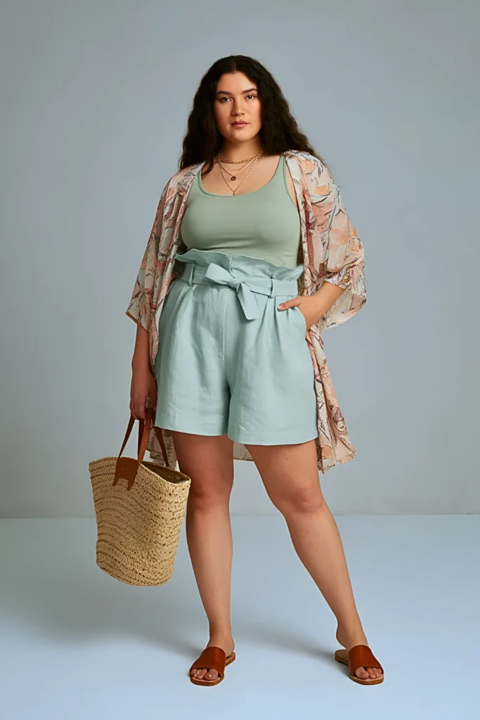 Plus Size Tiered Paperbag Waist Linen Shorts Summer Outfits