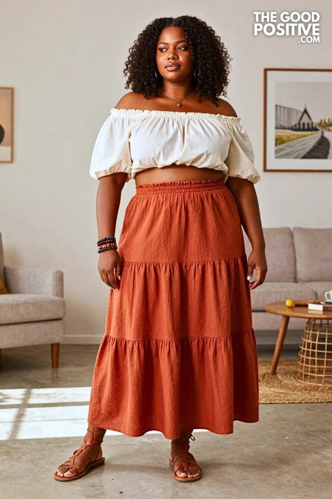 Plus Size Tiered Ruffle Maxi Skirt With Off-Shoulder Peasant Blouse Outfit