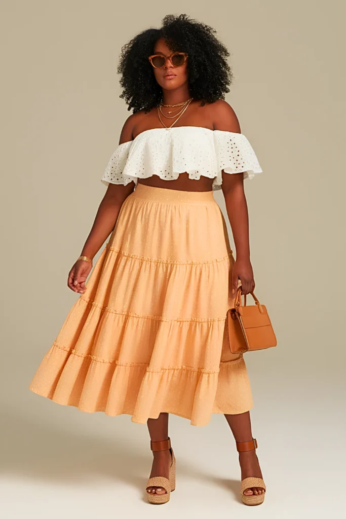 Plus Size Tiered Ruffle Midi Skirt Coordination Summer Outfit