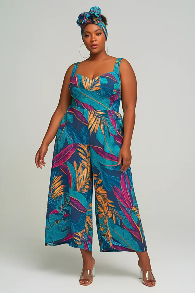 Plus Size Tropical Print Culotte Jumpsuit Summer Outfit