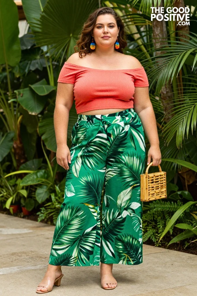 Plus Size Tropical Print Culotte Pants With Off-Shoulder Knit Top Outfit