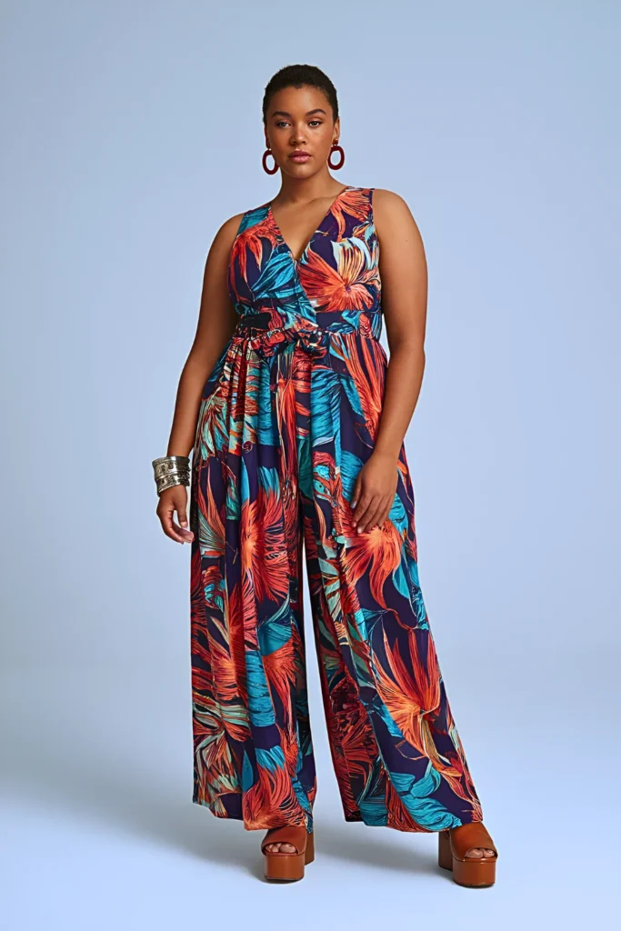 Plus Size Tropical Print Palazzo Jumpsuit Summer Outfits